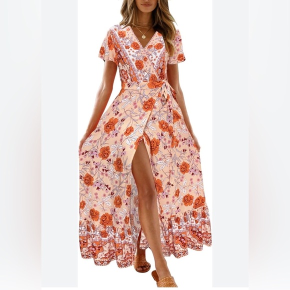 Orange and Pink Flutter Sleeve Maxi Dress - Picture 1 of 6